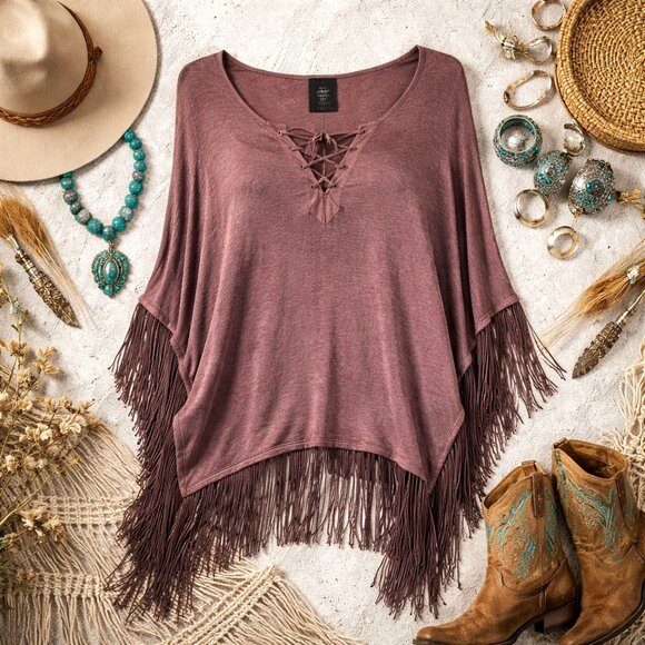 NWOT Ella Moss Plum Fringe Poncho Top OS Boho Festival Lace Up Oversized Western - Picture 10 of 10